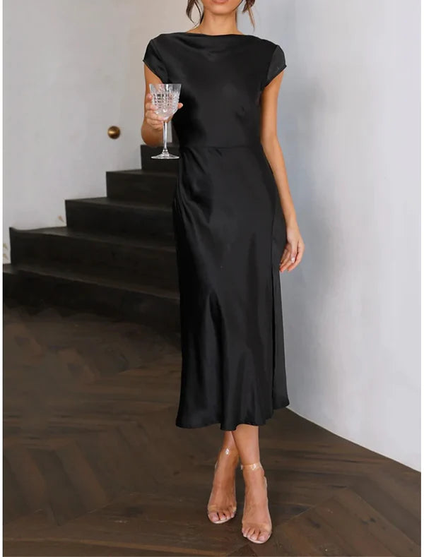 Luolandi Women's Sequin Dress Party Dress Cocktail Dress Midi Dress Black Champagne Brown Short Sleeve Plain Backless Summer Spring Fall Surplice Neck Elegant Wedding Guest Vacation